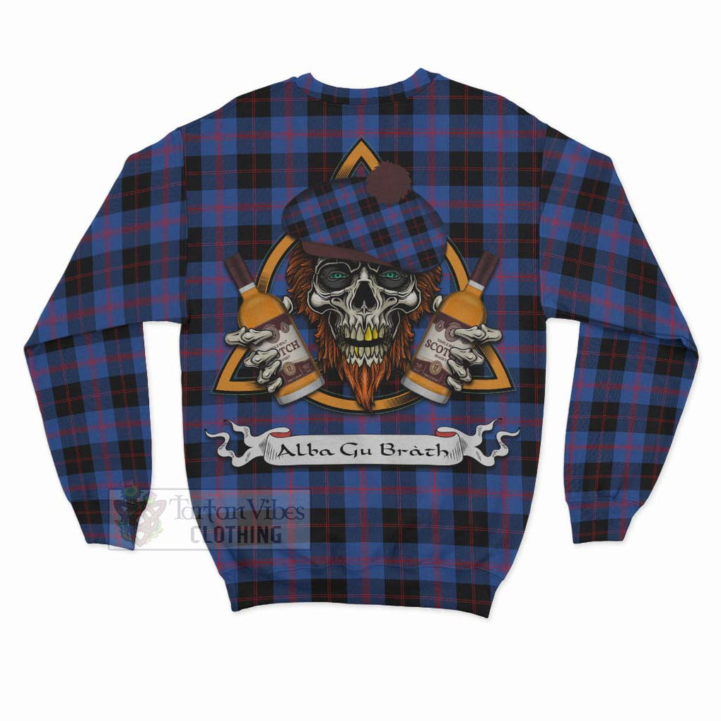 Tartan Vibes Clothing Maule Tartan Sweatshirt with Family Crest and Bearded Skull Holding Bottles of Whiskey