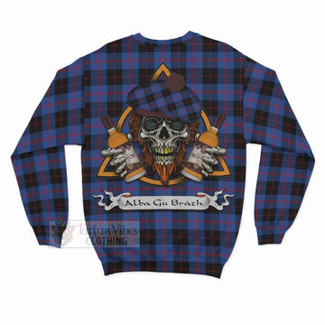 Maule Tartan Sweatshirt with Family Crest and Bearded Skull Holding Bottles of Whiskey