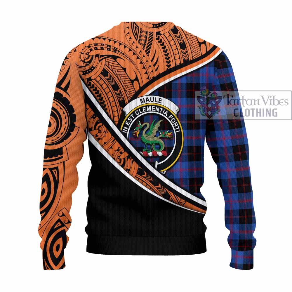 Tartan Vibes Clothing Maule Crest Tartan Knitted Sweater with Maori Tattoo Style - Orange Version