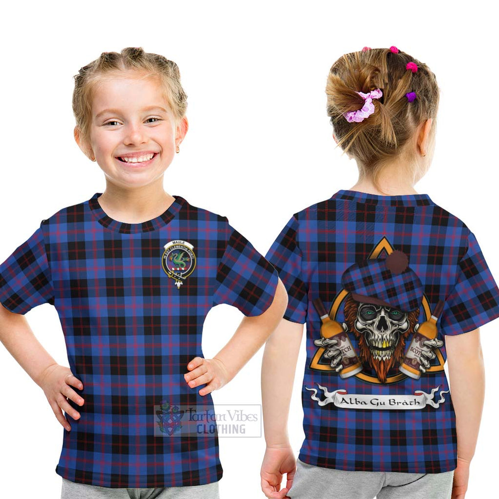 Tartan Vibes Clothing Maule Tartan Kid T-Shirt with Family Crest and Bearded Skull Holding Bottles of Whiskey