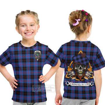 Maule Tartan Kid T-Shirt with Family Crest and Bearded Skull Holding Bottles of Whiskey