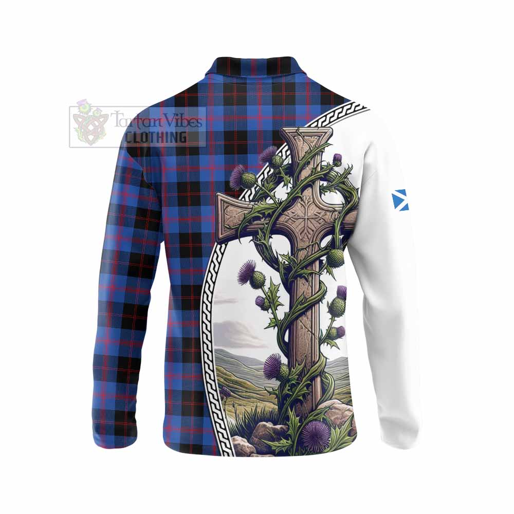 Tartan Vibes Clothing Maule Tartan Long Sleeve Polo Shirt with Family Crest and St. Andrew's Cross Accented by Thistle Vines