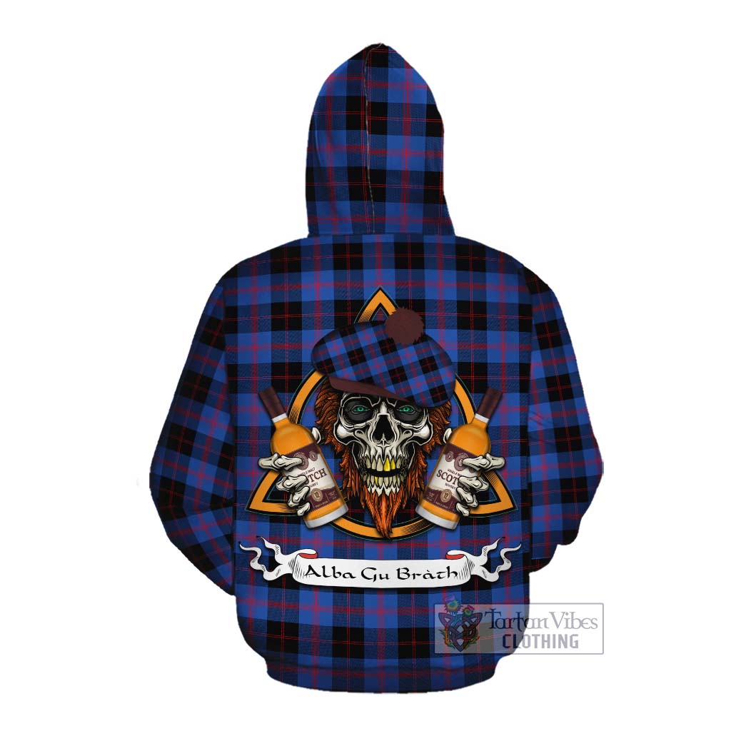 Tartan Vibes Clothing Maule Tartan Cotton Hoodie with Family Crest and Bearded Skull Holding Bottles of Whiskey