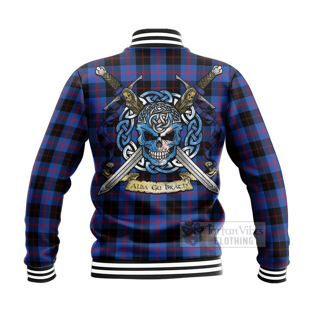 Tartan Vibes Clothing Maule Tartan Baseball Jacket with Family Crest Celtic Skull Style