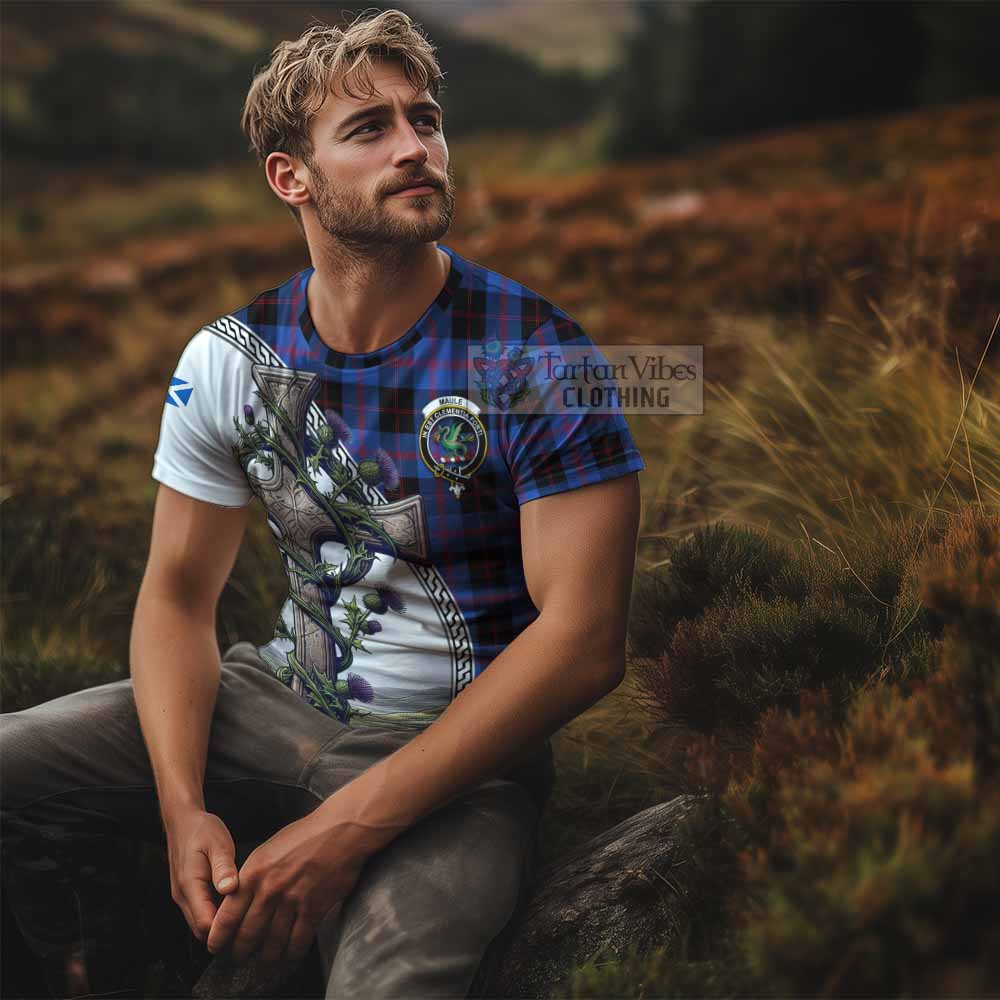 Tartan Vibes Clothing Maule Agnew Tartan T-Shirt with Family Crest and St. Andrew's Cross Accented by Thistle Vines