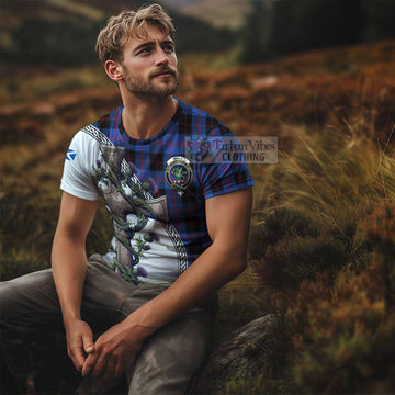 Maule Tartan T-Shirt with Family Crest and St. Andrew's Cross Accented by Thistle Vines