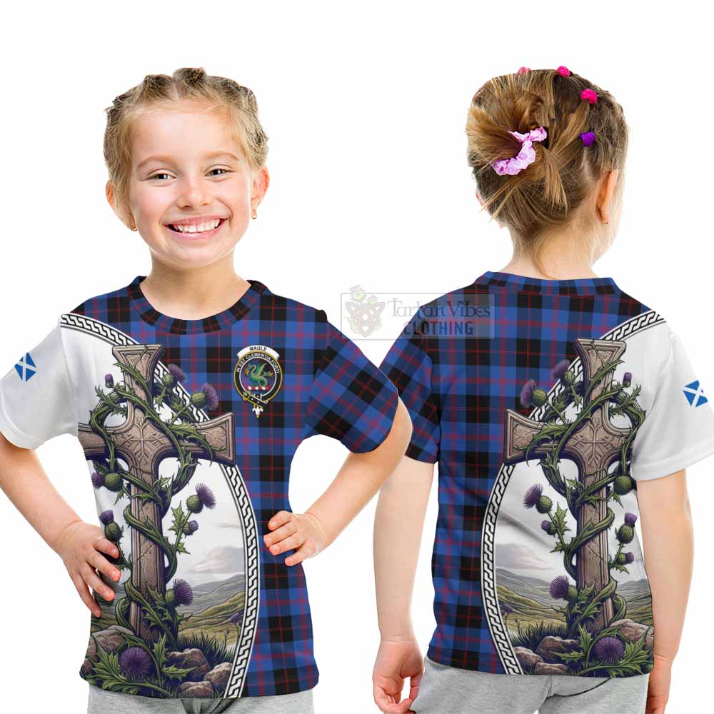 Tartan Vibes Clothing Maule Tartan Kid T-Shirt with Family Crest and St. Andrew's Cross Accented by Thistle Vines