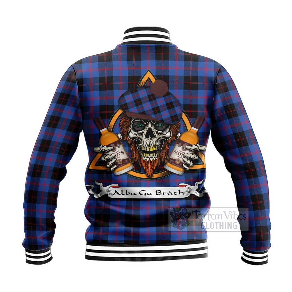 Tartan Vibes Clothing Maule Tartan Baseball Jacket with Family Crest and Bearded Skull Holding Bottles of Whiskey