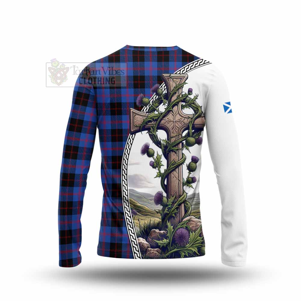 Tartan Vibes Clothing Maule Tartan Long Sleeve T-Shirt with Family Crest and St. Andrew's Cross Accented by Thistle Vines