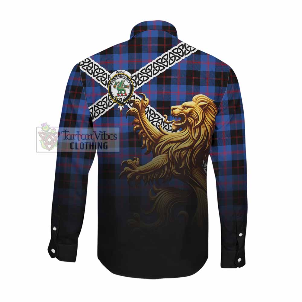 Maule Crest Tartan Long Sleeve Button Shirt with Golden Lion Emblem Celtic Style Men's Shirt - Tartan Vibes Clothing