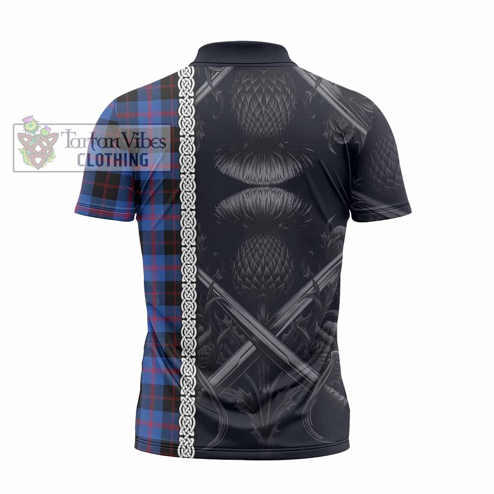 Tartan Vibes Clothing Maule Tartan Zipper Polo Shirt with Family Crest Cross Sword Thistle Celtic Vibes