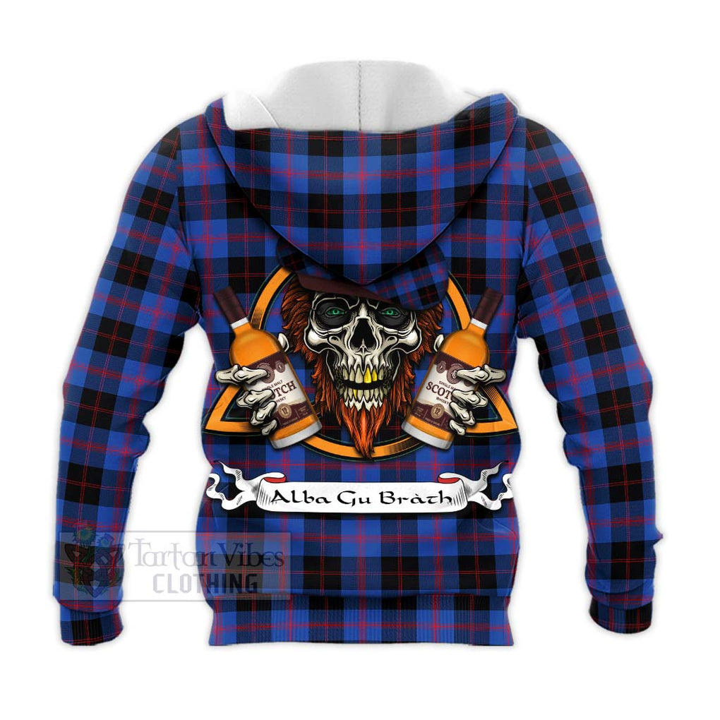 Tartan Vibes Clothing Maule Tartan Knitted Hoodie with Family Crest and Bearded Skull Holding Bottles of Whiskey