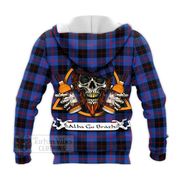 Maule Tartan Knitted Hoodie with Family Crest and Bearded Skull Holding Bottles of Whiskey