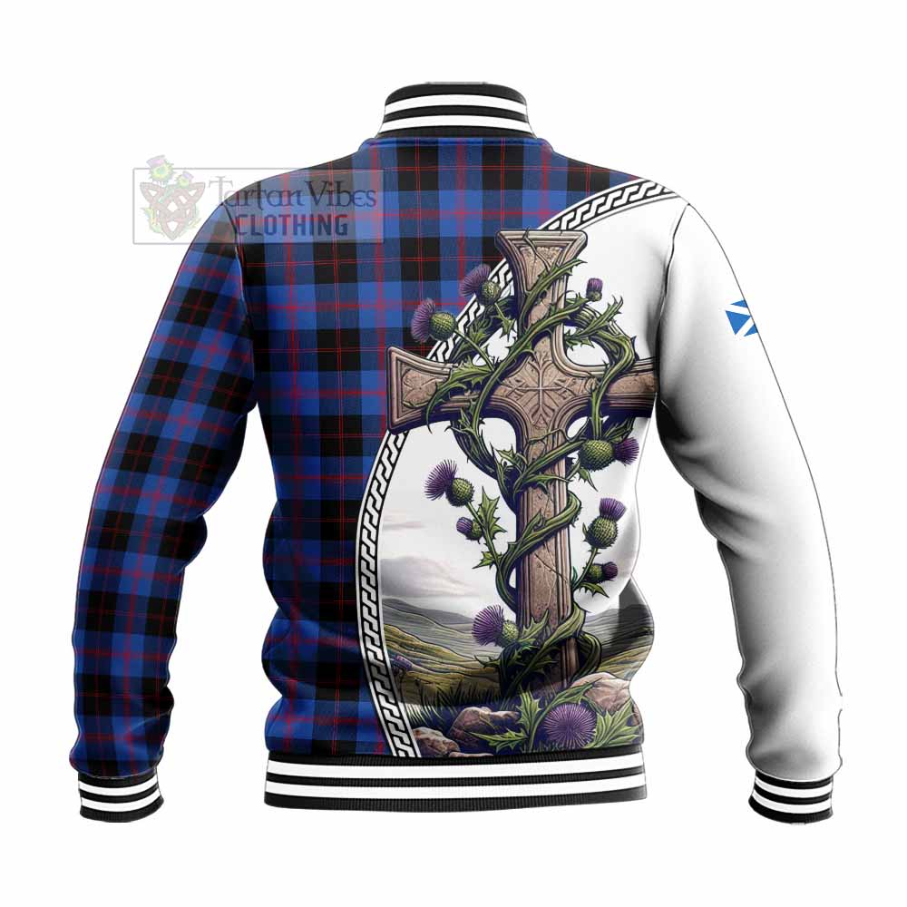 Tartan Vibes Clothing Maule Tartan Baseball Jacket with Family Crest and St. Andrew's Cross Accented by Thistle Vines