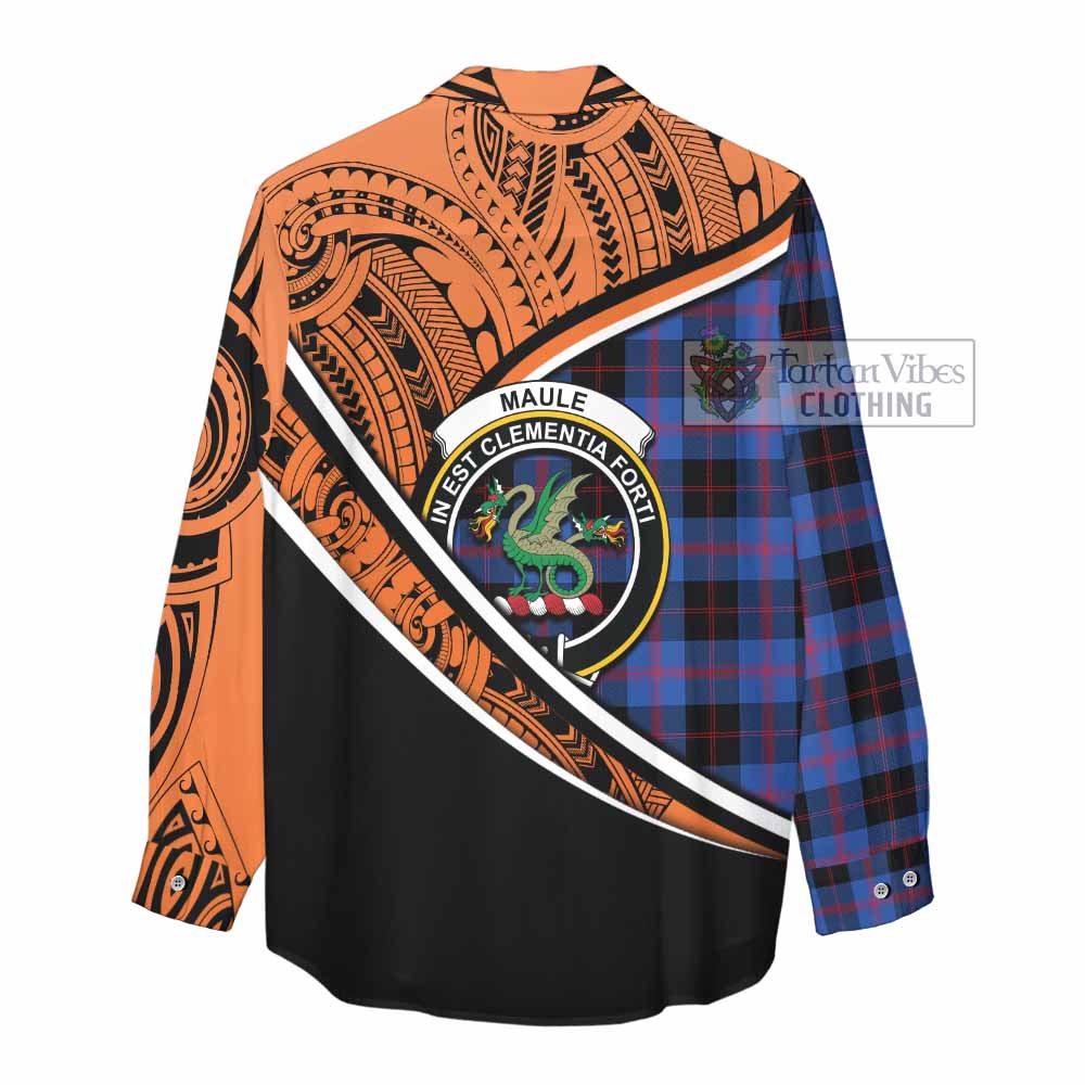 Tartan Vibes Clothing Maule Crest Tartan Women's Casual Shirt with Maori Tattoo Style - Orange Version