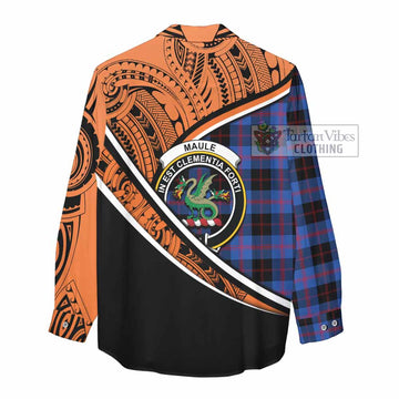 Maule Crest Tartan Women's Casual Shirt with Polynesian Vibes Style - Orange Version