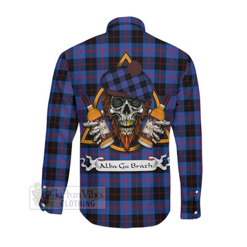 Maule Tartan Long Sleeve Button Shirt with Family Crest and Bearded Skull Holding Bottles of Whiskey