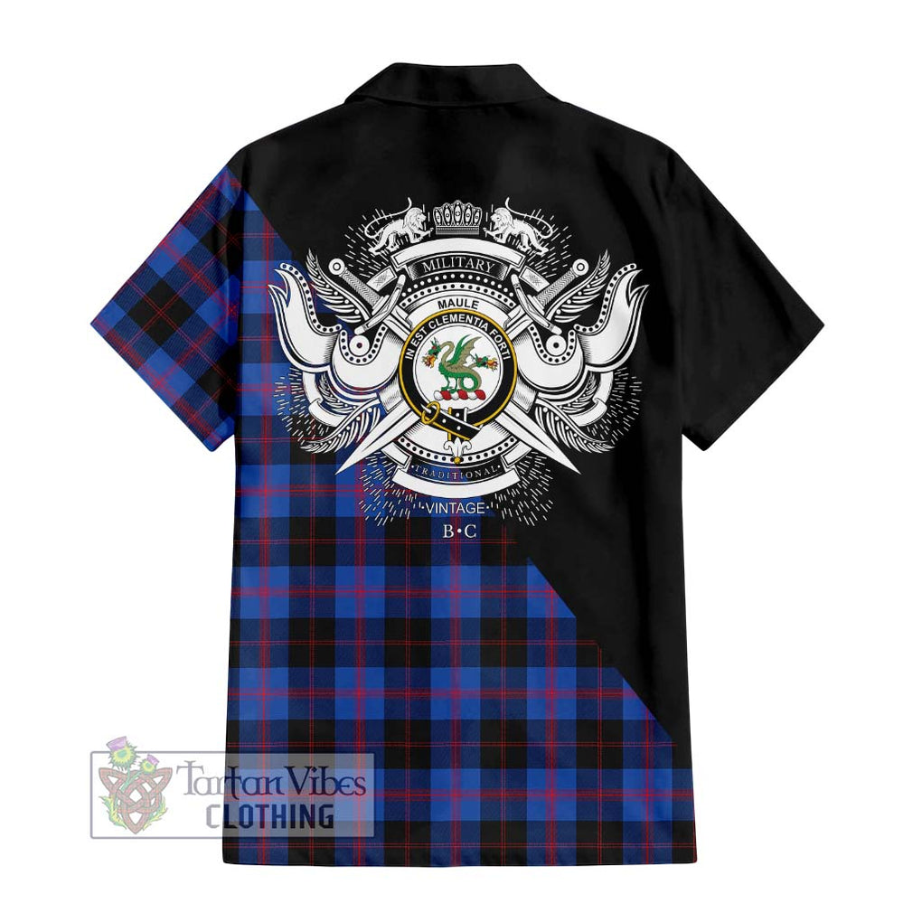 Maule Tartan Short Sleeve Button Shirt with Family Crest and Military Logo Style - Tartanvibesclothing Shop