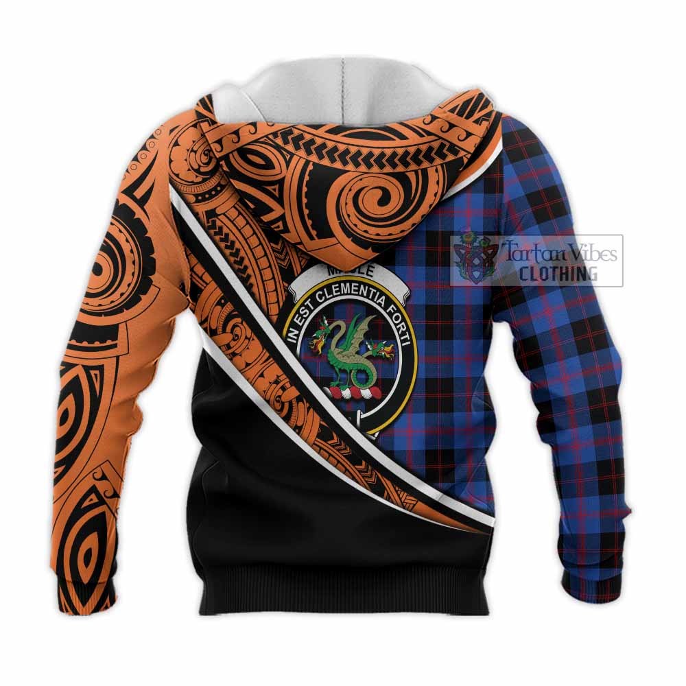 Tartan Vibes Clothing Maule Crest Tartan Knitted Hoodie with Maori Tattoo Style - Orange Version