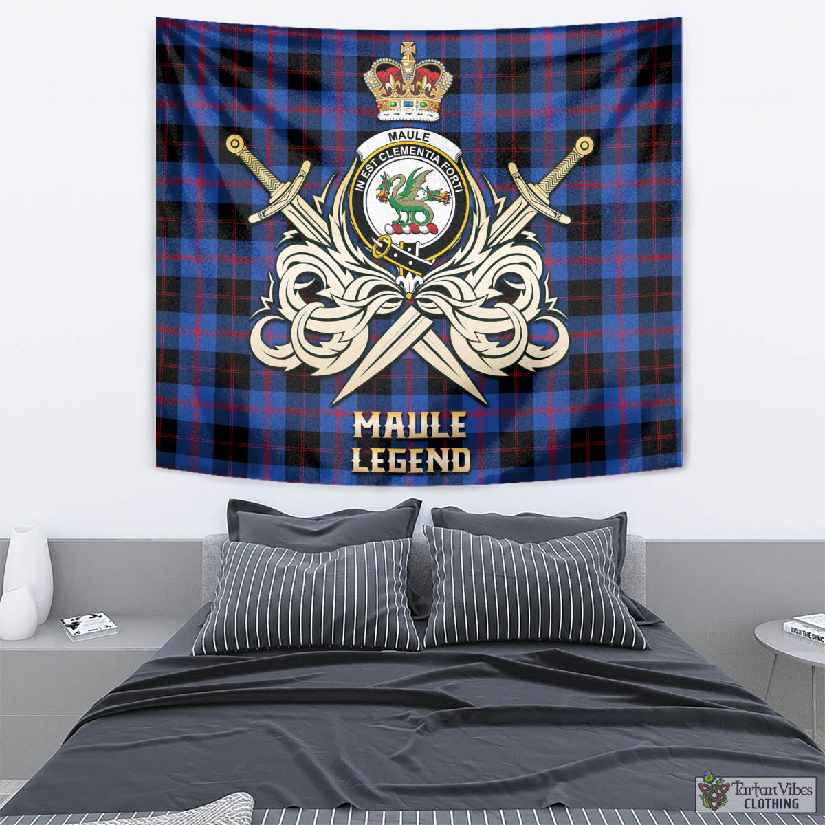 Tartan Vibes Clothing Maule Tartan Tapestry with Clan Crest and the Golden Sword of Courageous Legacy