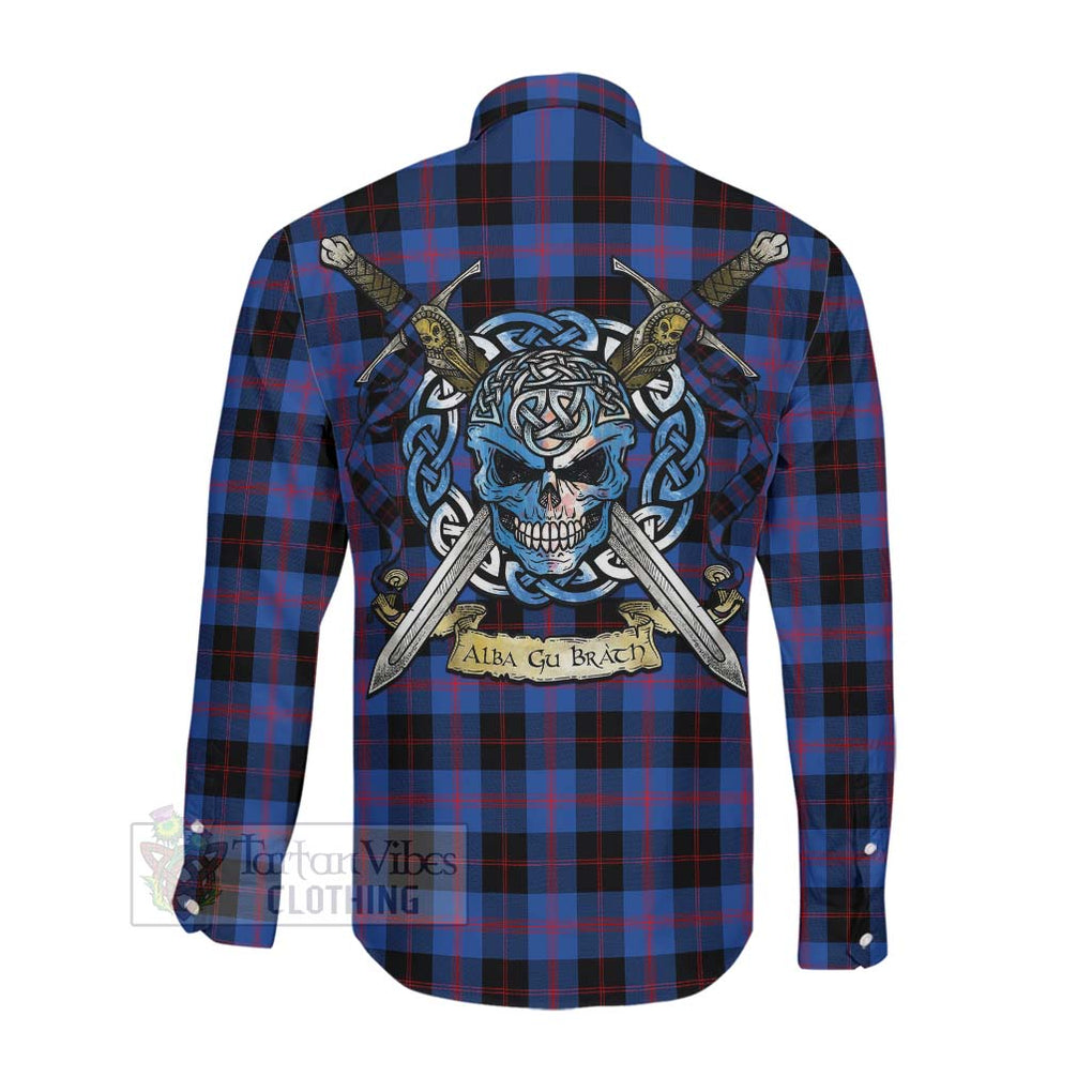 Tartan Vibes Clothing Maule Tartan Long Sleeve Button Shirt with Family Crest Celtic Skull Style