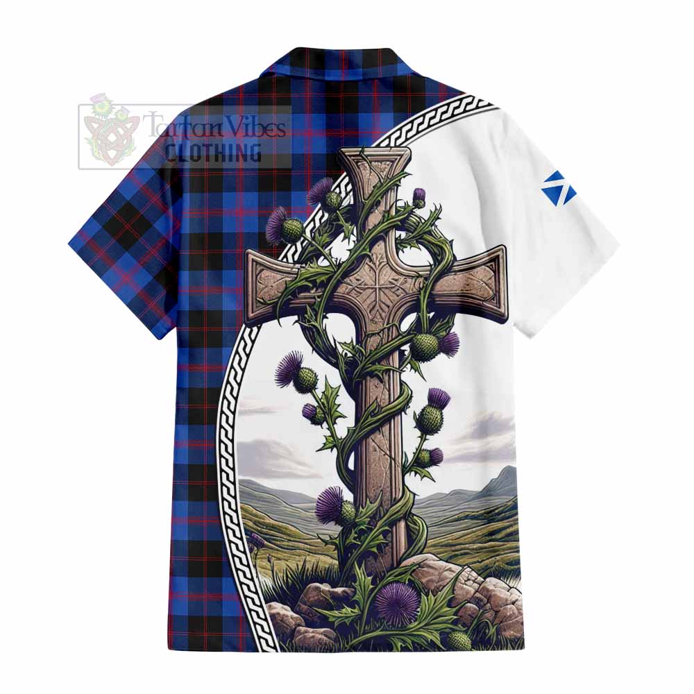 Tartan Vibes Clothing Maule Tartan Short Sleeve Button Shirt with Family Crest and St. Andrew's Cross Accented by Thistle Vines