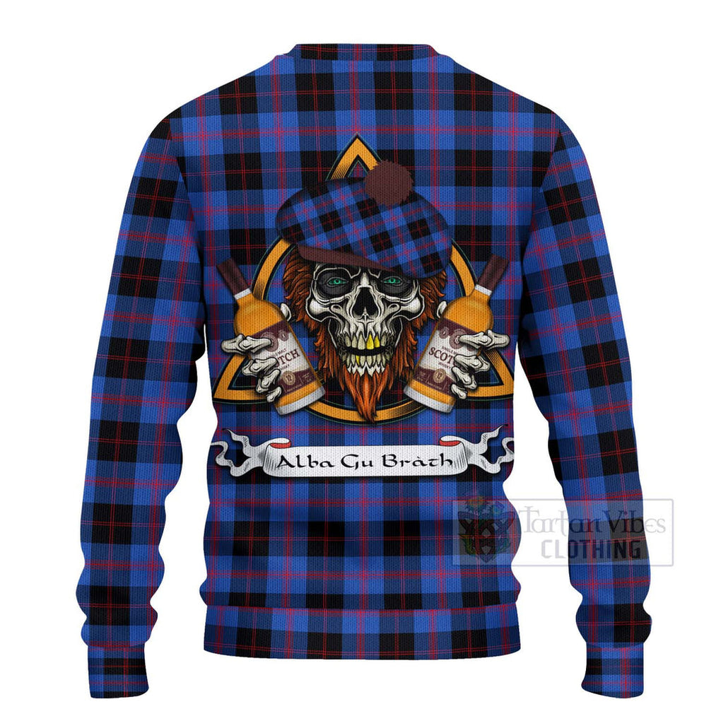 Tartan Vibes Clothing Maule Tartan Knitted Sweater with Family Crest and Bearded Skull Holding Bottles of Whiskey