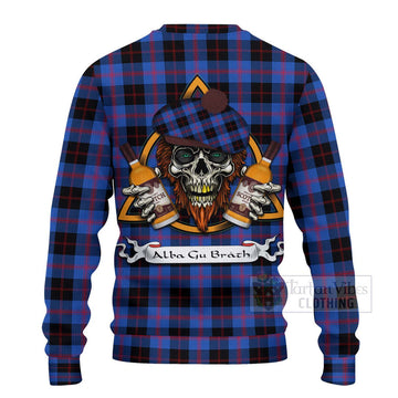 Maule Tartan Ugly Sweater with Family Crest and Bearded Skull Holding Bottles of Whiskey