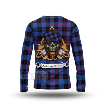 Maule Tartan Long Sleeve T-Shirt with Family Crest and Bearded Skull Holding Bottles of Whiskey