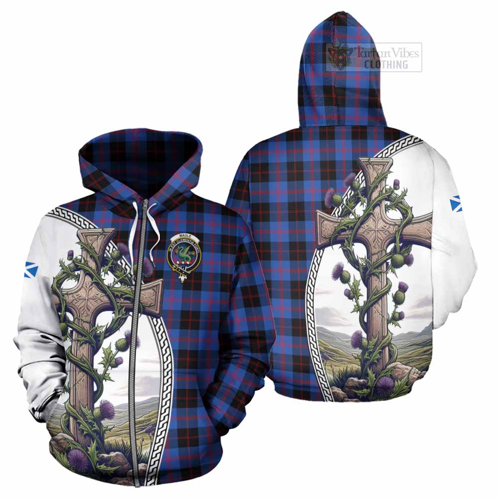 Tartan Vibes Clothing Maule Tartan Hoodie with Family Crest and St. Andrew's Cross Accented by Thistle Vines