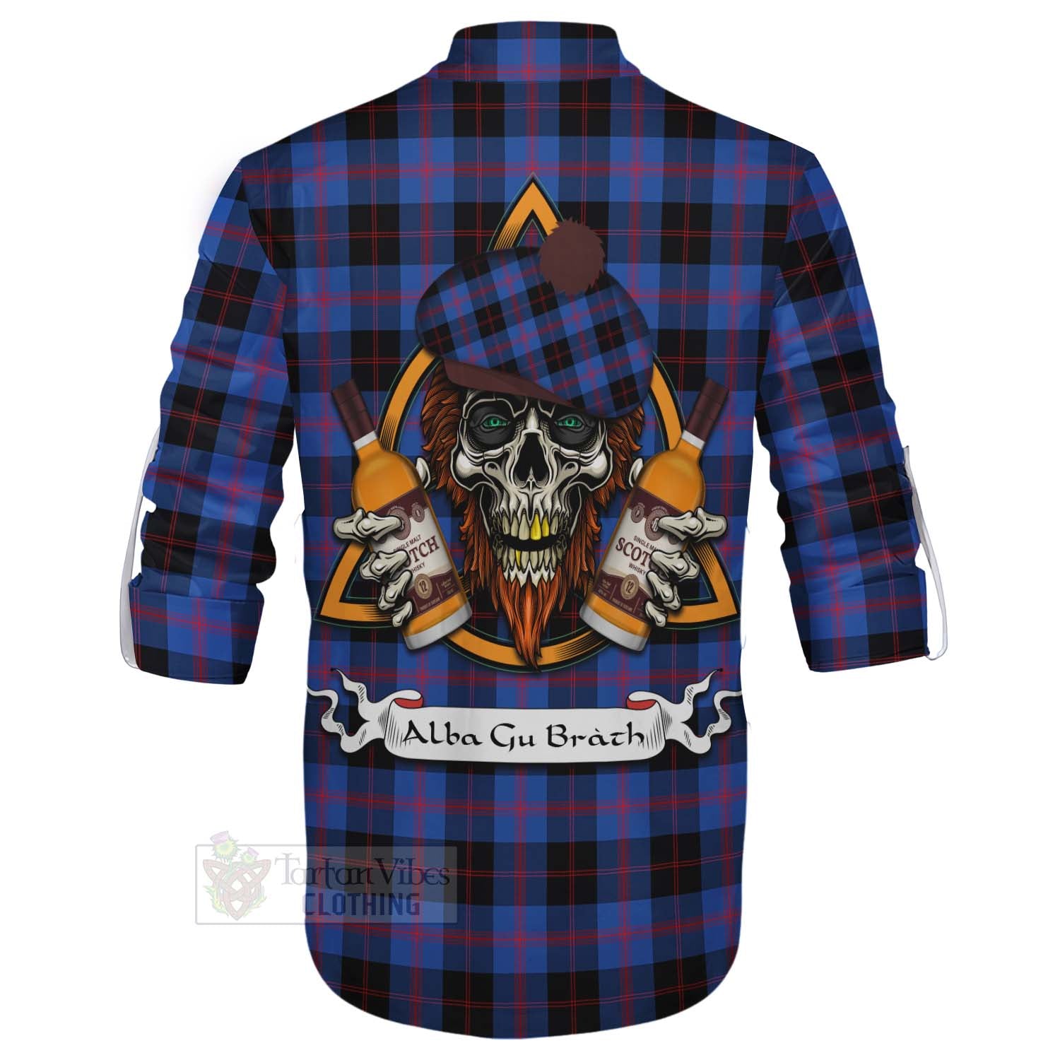 Tartan Vibes Clothing Maule Tartan Ghillie Kilt Shirt with Family Crest and Bearded Skull Holding Bottles of Whiskey