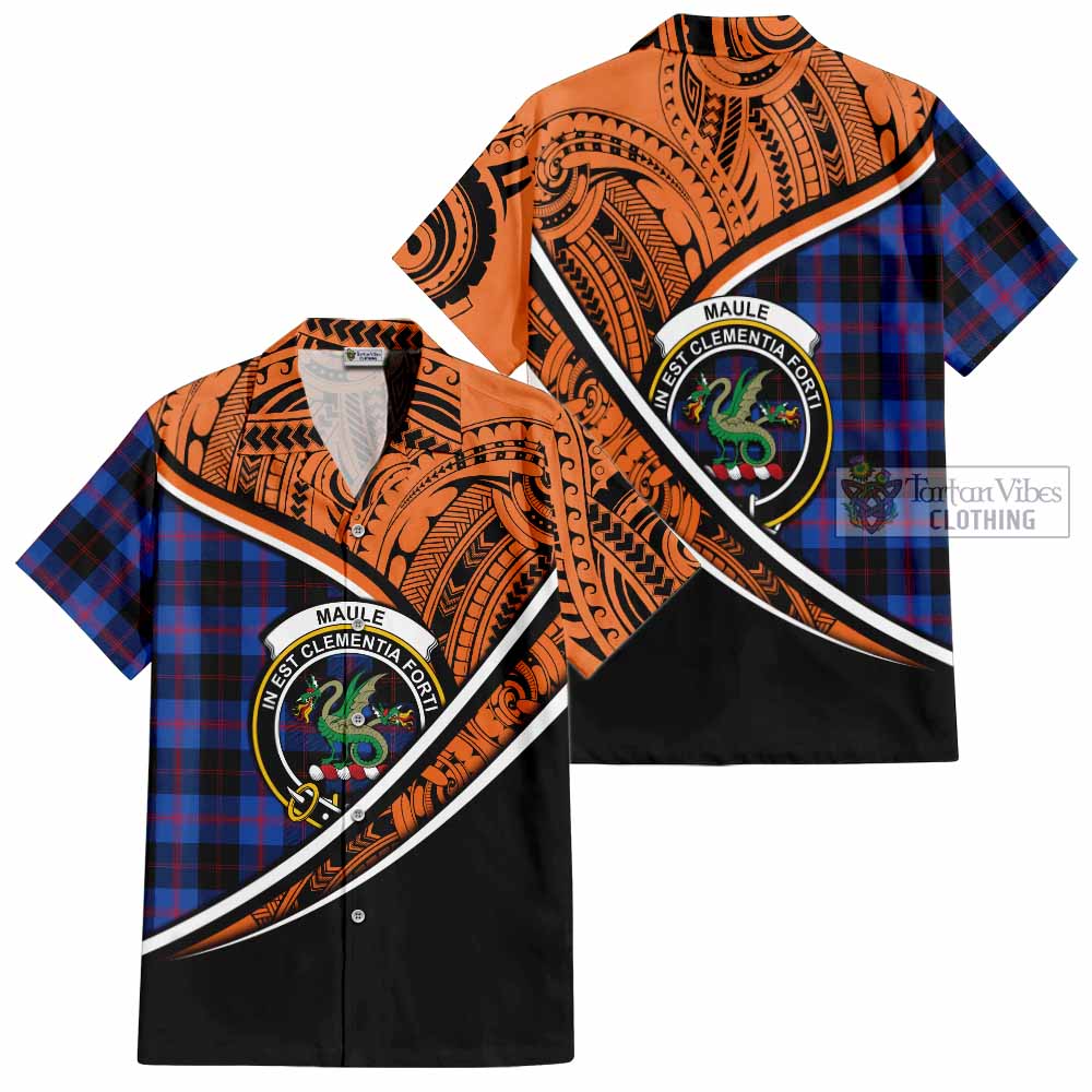 Tartan Vibes Clothing Maule Crest Tartan Short Sleeve Button Shirt with Maori Tattoo Style - Orange Version