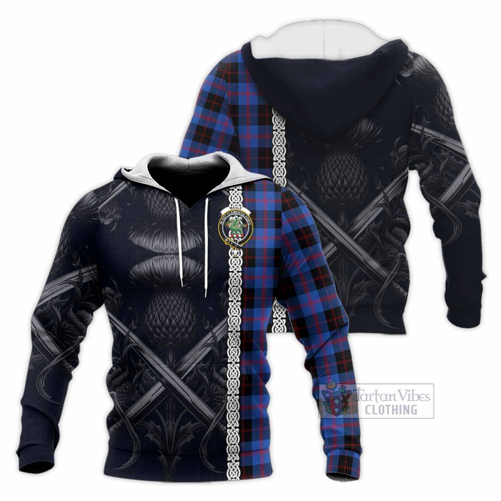 Tartan Vibes Clothing Maule Tartan Knitted Hoodie with Family Crest Cross Sword Thistle Celtic Vibes