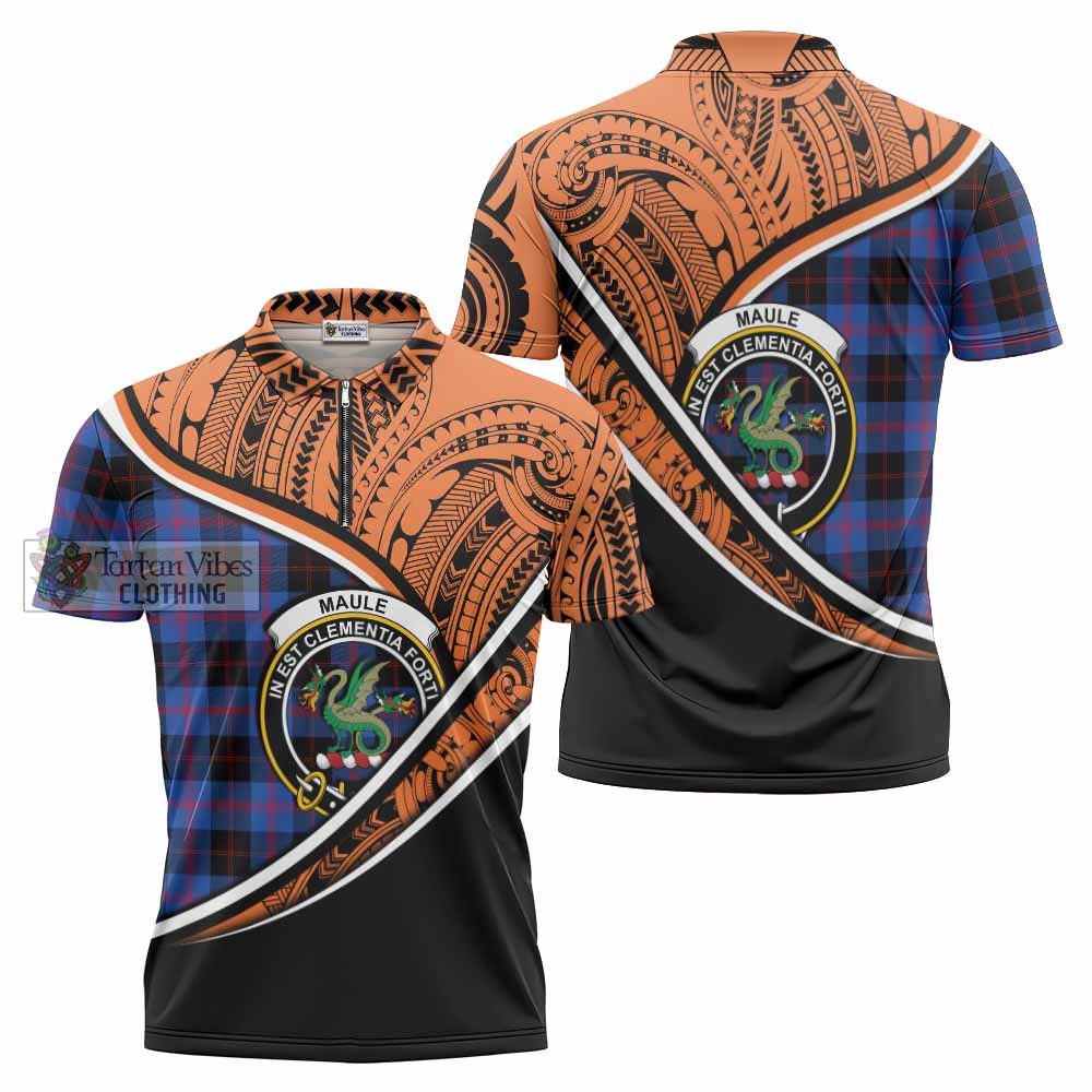 Tartan Vibes Clothing Maule Crest Tartan Zipper Polo Shirt with Maori Tattoo Style - Orange Version