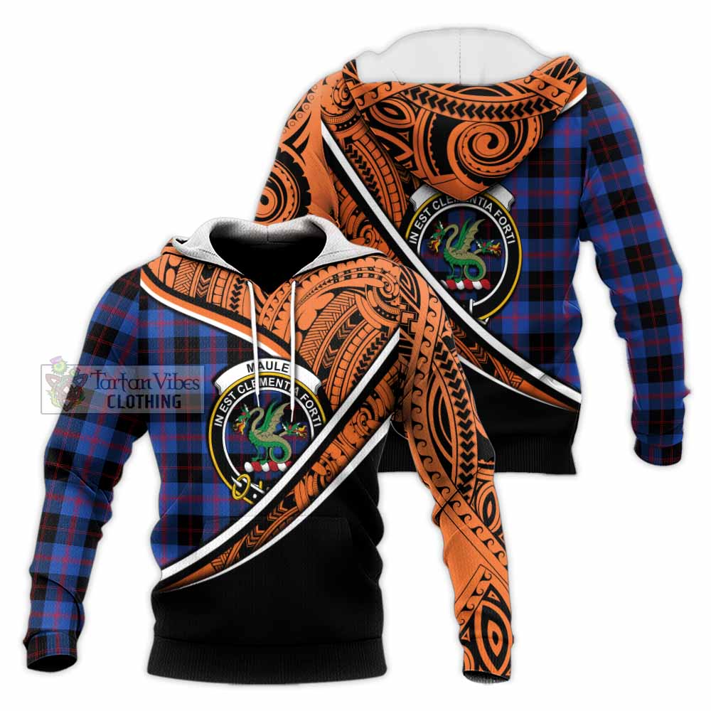 Tartan Vibes Clothing Maule Crest Tartan Knitted Hoodie with Maori Tattoo Style - Orange Version