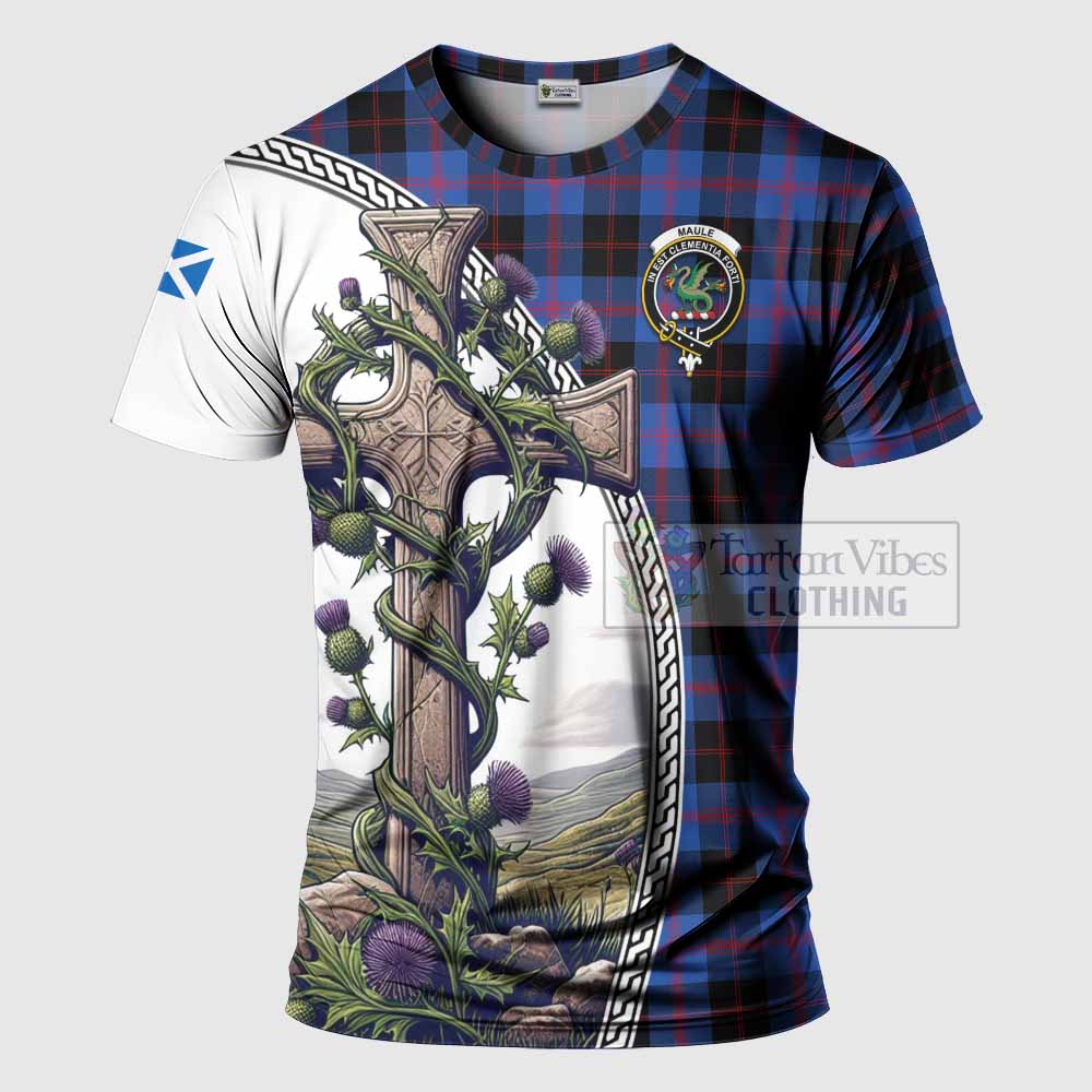 Tartan Vibes Clothing Maule Agnew Tartan T-Shirt with Family Crest and St. Andrew's Cross Accented by Thistle Vines