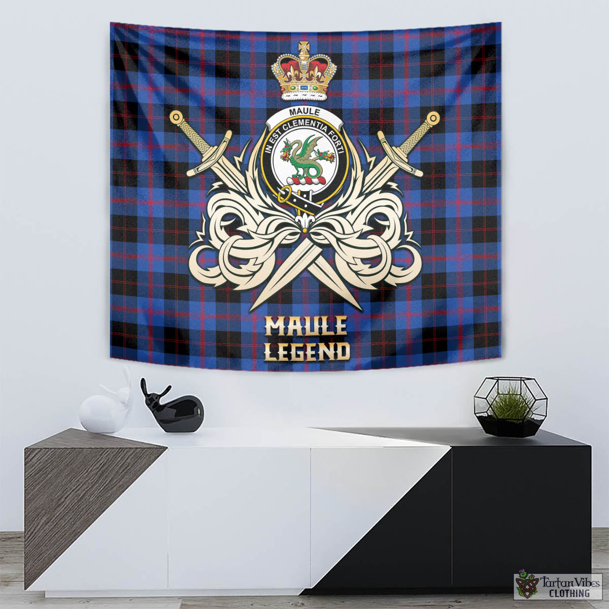 Tartan Vibes Clothing Maule Tartan Tapestry with Clan Crest and the Golden Sword of Courageous Legacy