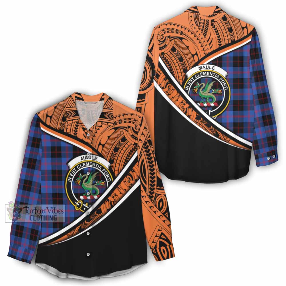 Tartan Vibes Clothing Maule Crest Tartan Women's Casual Shirt with Maori Tattoo Style - Orange Version