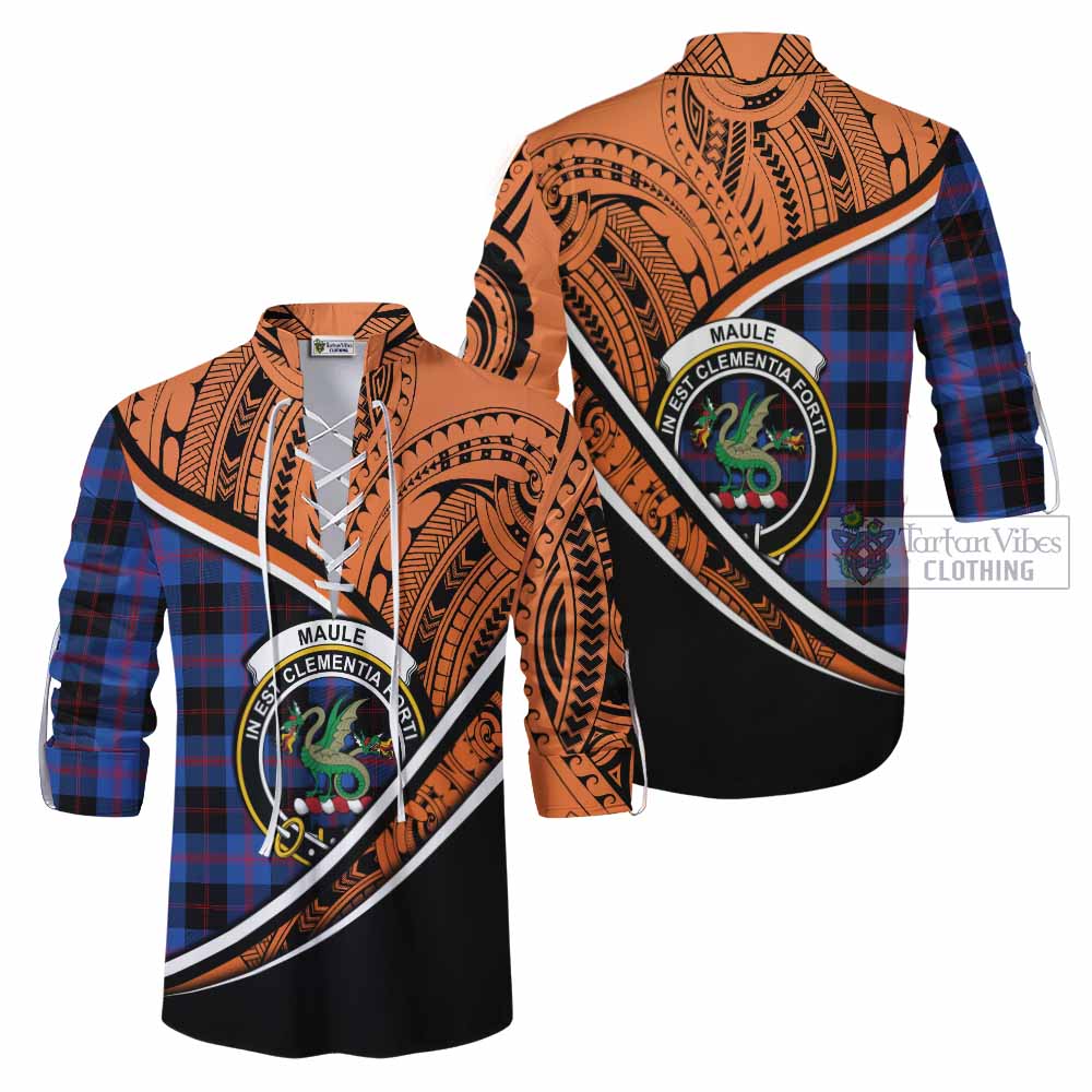 Tartan Vibes Clothing Maule Crest Tartan Ghillie Kilt Shirt with Maori Tattoo Style - Orange Version