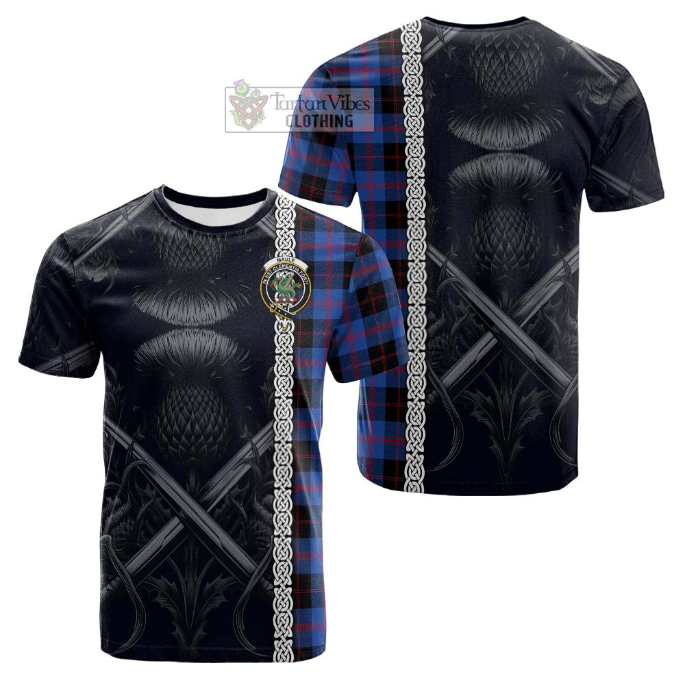 Tartan Vibes Clothing Maule Tartan Cotton T-shirt with Family Crest Cross Sword Thistle Celtic Vibes