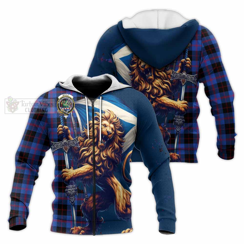 Tartan Vibes Clothing Maule Tartan Family Crest Knitted Hoodie with Scottish Majestic Lion