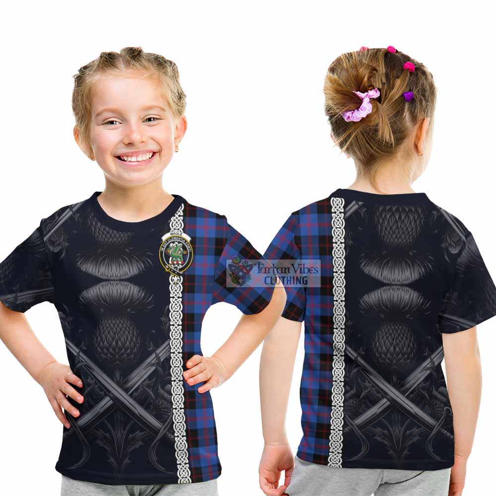 Tartan Vibes Clothing Maule Tartan Kid T-Shirt with Family Crest Cross Sword Thistle Celtic Vibes