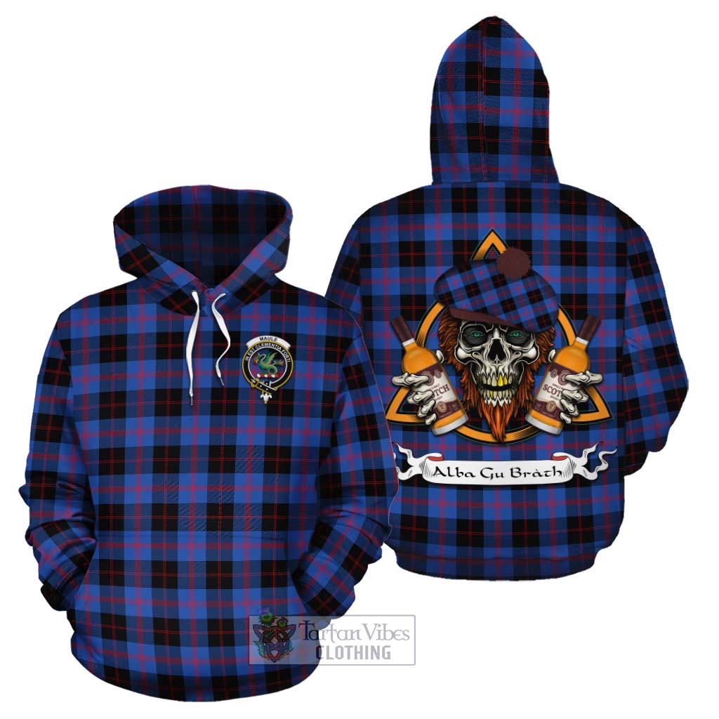 Tartan Vibes Clothing Maule Tartan Cotton Hoodie with Family Crest and Bearded Skull Holding Bottles of Whiskey