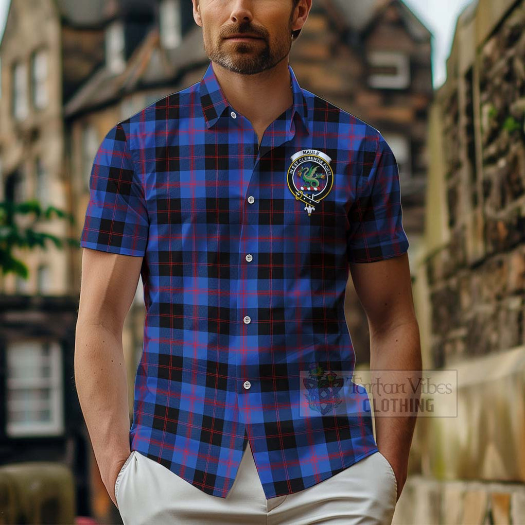 Tartan Vibes Clothing Maule Tartan Short Sleeve Button Shirt with Family Crest Celtic Skull Style