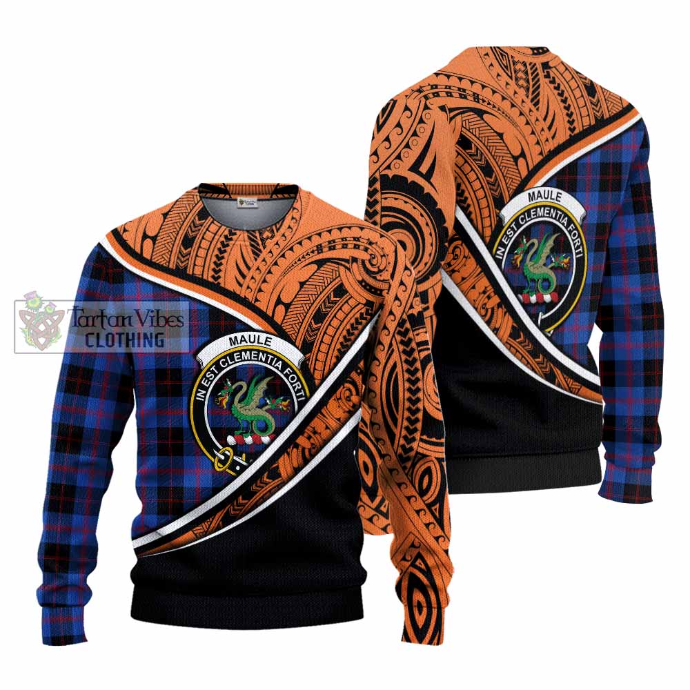 Tartan Vibes Clothing Maule Crest Tartan Knitted Sweater with Maori Tattoo Style - Orange Version