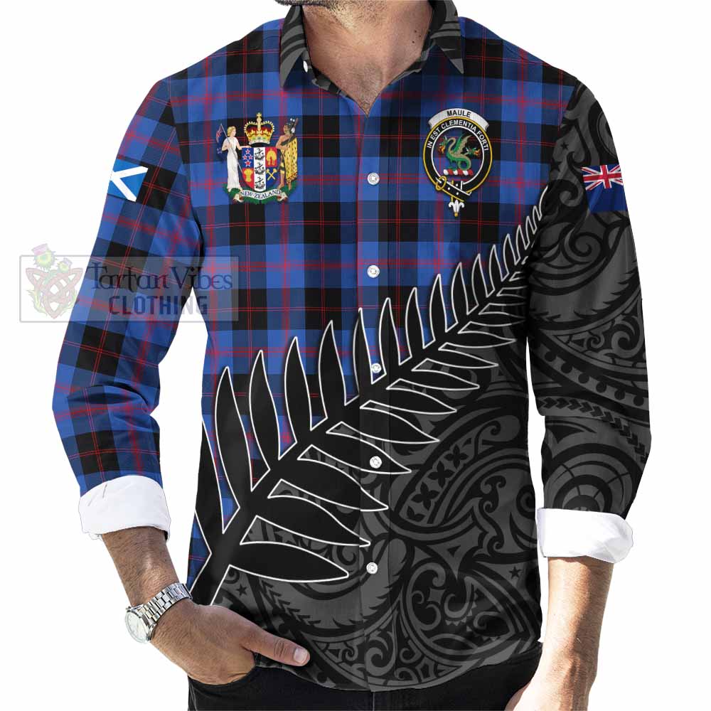 Tartan Vibes Clothing Maule Crest Tartan Long Sleeve Button Shirt with New Zealand Silver Fern Half Style