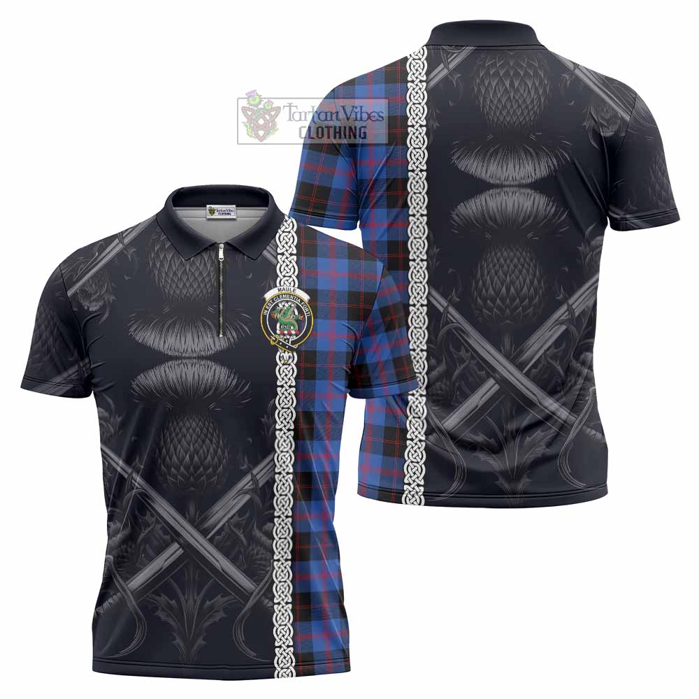 Tartan Vibes Clothing Maule Tartan Zipper Polo Shirt with Family Crest Cross Sword Thistle Celtic Vibes