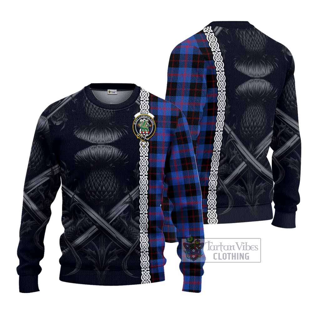 Tartan Vibes Clothing Maule Tartan Knitted Sweater with Family Crest Cross Sword Thistle Celtic Vibes