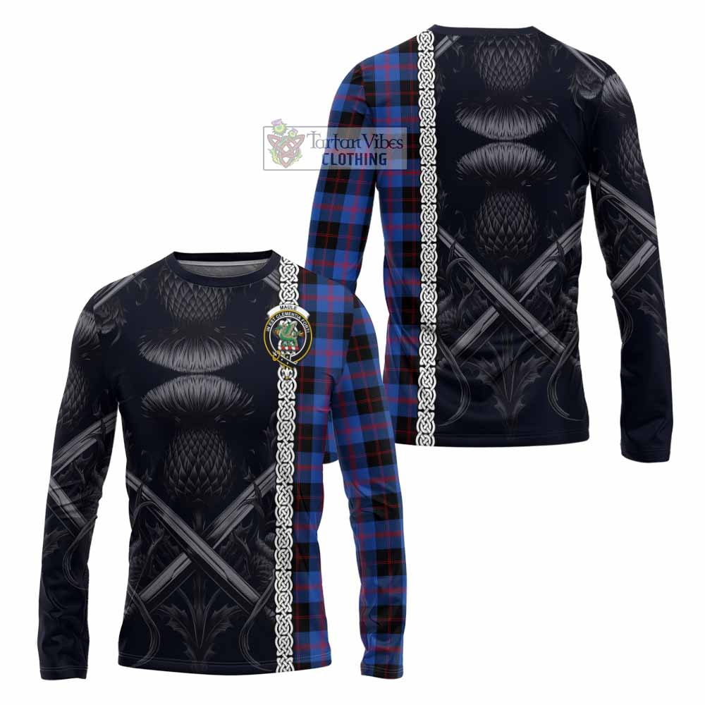 Tartan Vibes Clothing Maule Tartan Long Sleeve T-Shirt with Family Crest Cross Sword Thistle Celtic Vibes