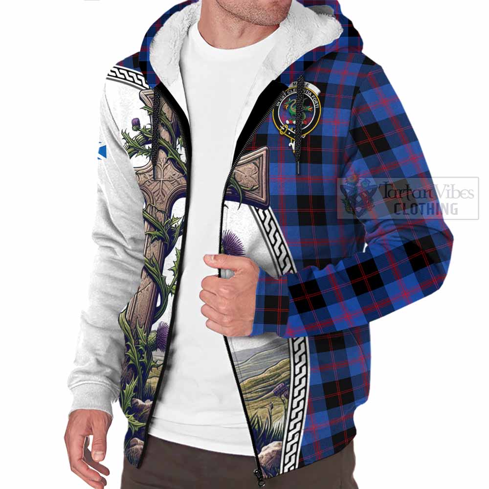 Tartan Vibes Clothing Maule Tartan Sherpa Hoodie with Family Crest and St. Andrew's Cross Accented by Thistle Vines